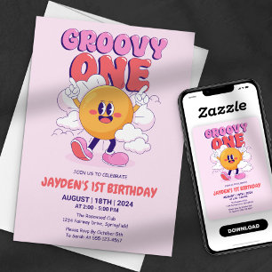 Invitación Pink Groovy Un Sol Retro Primer Cumpleaños