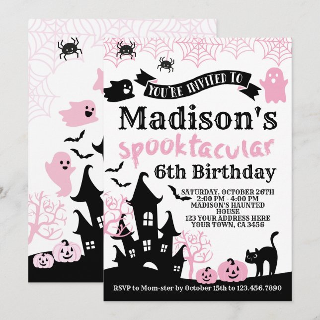 Invitación Pink Halloween Birthday (Anverso / Reverso)