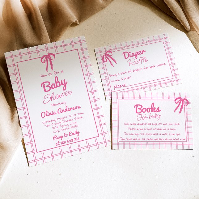 Invitación Pink Hand Drawn Bow Gingham Boho Girl Baby Shower  (Subido por el creador)