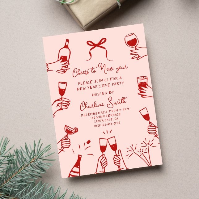 Invitación Pink Hand Drawn “Cheers to New Year” Holiday Party (Subido por el creador)