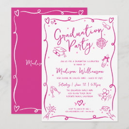 Invitación Pink Hand Drawn Doodles Graduation Fun White Party