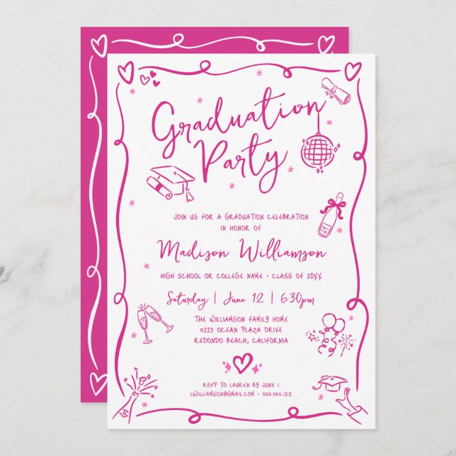 Invitación Pink Hand Drawn Doodles Graduation Fun White Party (Anverso / Reverso)