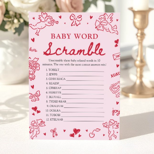 Invitación Pink Hand Drawn Valentine Baby Word Scramble Game (Pink Hand Drawn Valentine Baby Word Scramble Game)