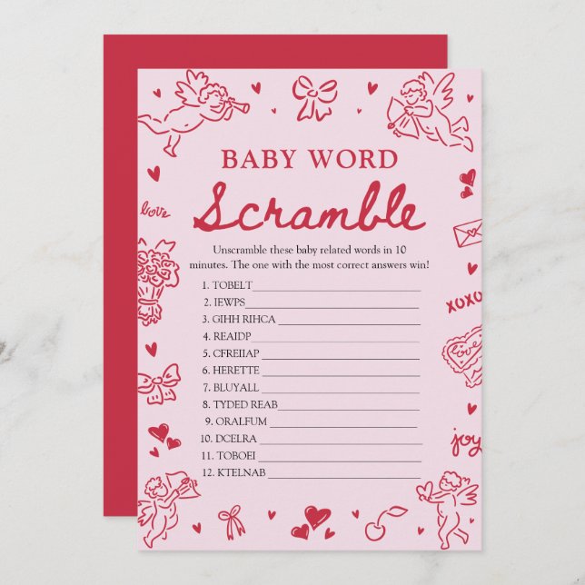 Invitación Pink Hand Drawn Valentine Baby Word Scramble Game (Anverso / Reverso)