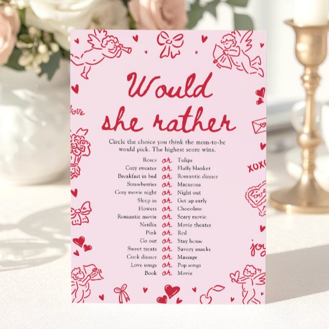 Invitación Pink Hand Drawn Would She Rather Baby Shower Game (Pink Hand Drawn Would She Rather Baby Shower Game)