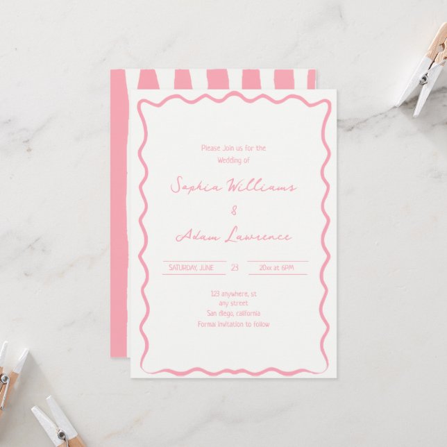 Invitación Pink Hand Written Pinstripes Whimsical Wedding (Anverso/Reverso In Situ)