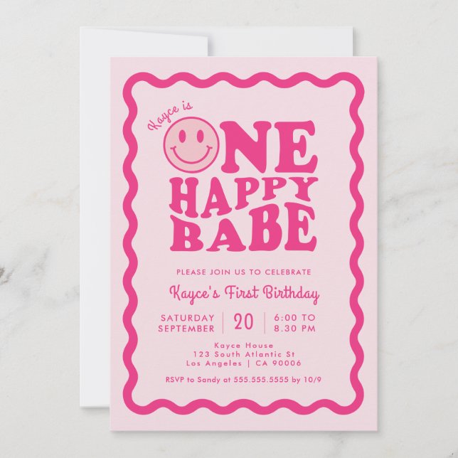 Invitación Pink Happy Face One Happy Babe Chica 1er cumpleaño (Anverso)