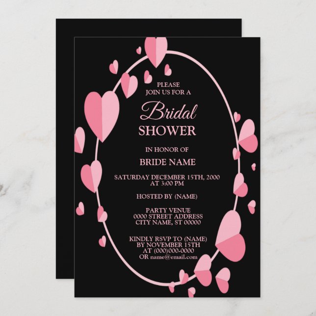 Invitación Pink Heart Black Geometric Bridal Shower Party (Anverso / Reverso)