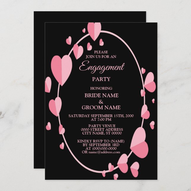 Invitación Pink Heart Black Geometric Engagement Party (Anverso / Reverso)