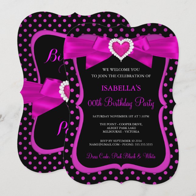 Invitación Pink Heart Bow Black Polka Dots Birthday Party (Anverso / Reverso)
