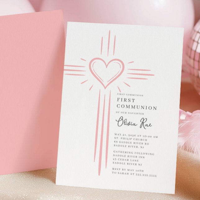 Invitación Pink Heart Cross First Communion Invitation (Subido por el creador)
