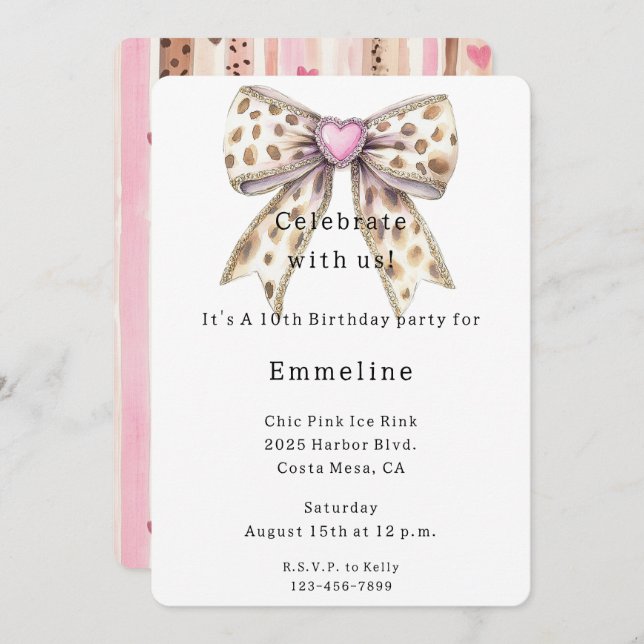 Invitación Pink Heart Leopard Girly Bow Cumpleaños (Anverso / Reverso)