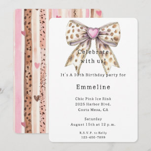 Invitación Pink Heart Leopard Girly Bow Cumpleaños