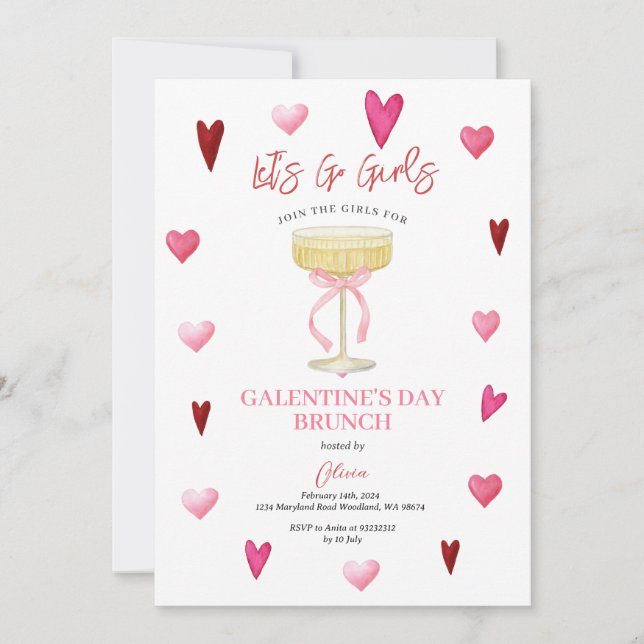 Invitación Pink Hearts & Champagne Glass Girls’ Night (Anverso)