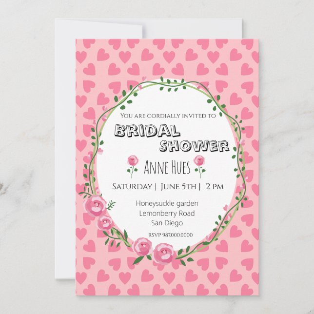Invitación  Pink Hearts Flower Bridal Shower Invitation Card (Anverso)