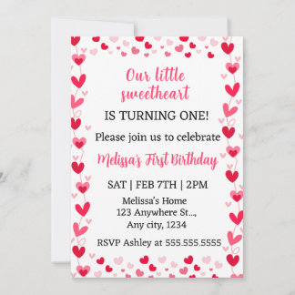 Invitación Pink Hearts Our Little Sweetheart Birthday Invite