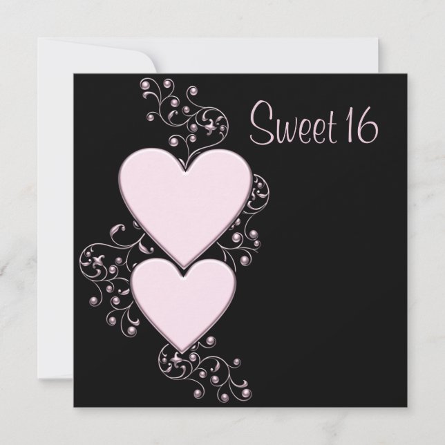 Invitación Pink Hearts Pink Black Sweet 16 Birthday Party (Anverso)