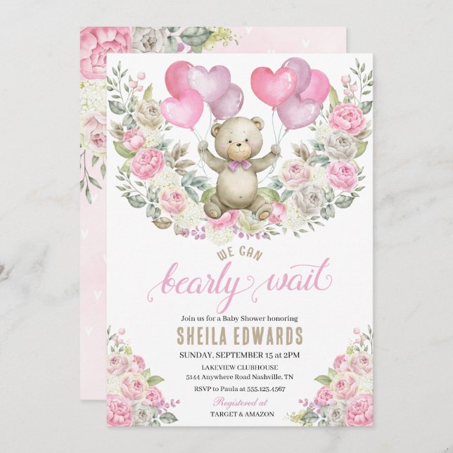 Invitación Pink Hearts Teddy Bear Globons Baby Shower (Anverso / Reverso)