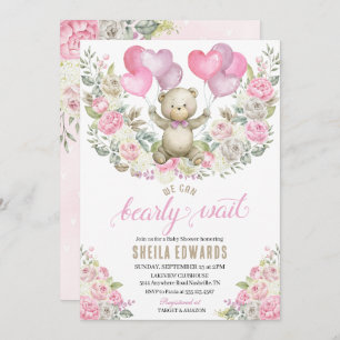 Invitación Pink Hearts Teddy Bear Globons Baby Shower