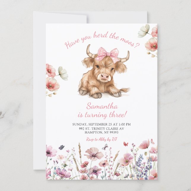 Invitación Pink Heifer Bull Floral Birthday Invitation (Anverso)