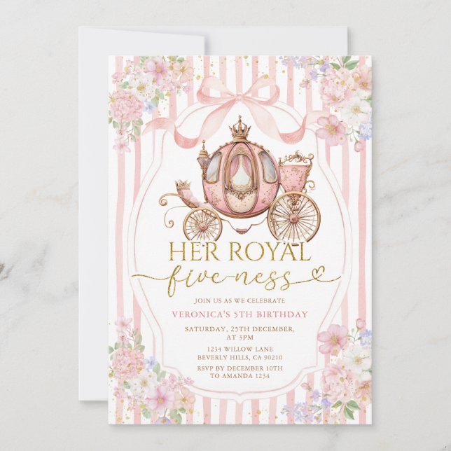 Invitación Pink Her Royal five-ness birthday Bow Coquette (Anverso)