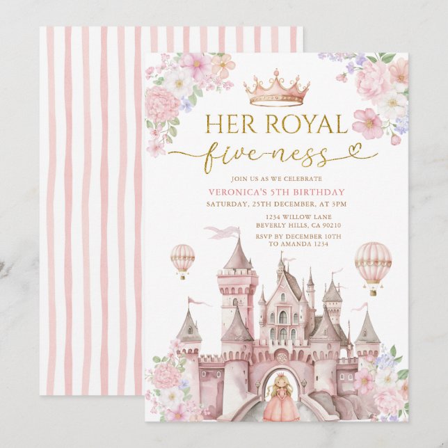 Invitación Pink Her Royal five-ness birthday Castle Crown (Anverso / Reverso)