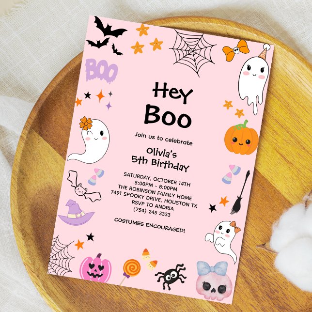Invitación Pink Hey Boo Cute Ghost Halloween 5º cumpleaños (Pink Hey Boo Cute Ghost Halloween 5th Birthday Invitation )