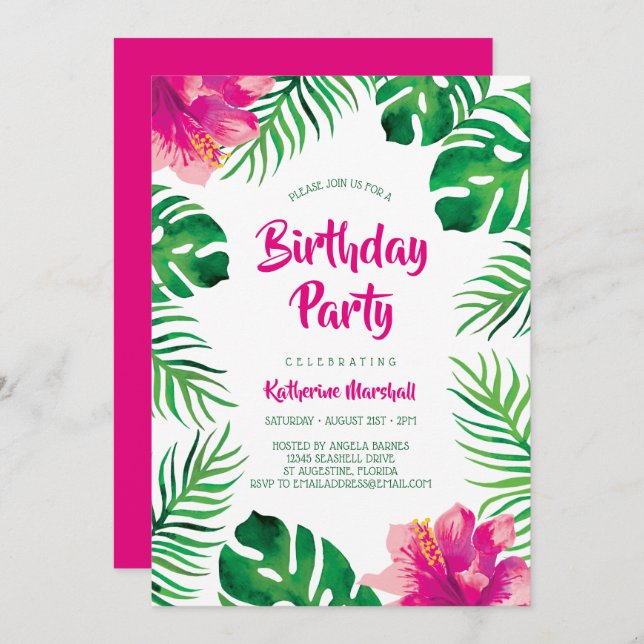 Invitación Pink Hibiscus Tropical Sale del Partido del Cumple (Anverso / Reverso)