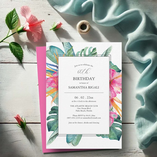 Invitación Pink Hibiscus Watercolor 60 cumpleaños invita (60th birthday invitations for women pink tropical luau art by Victoria Grigaliunas)