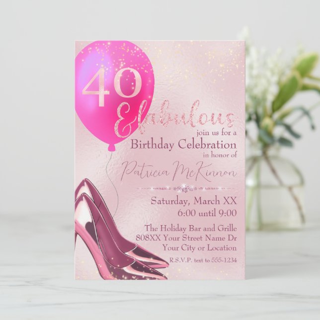 Invitación Pink High Heel Stilettos Purpurina 40 cumpleaños (Anverso de pie)
