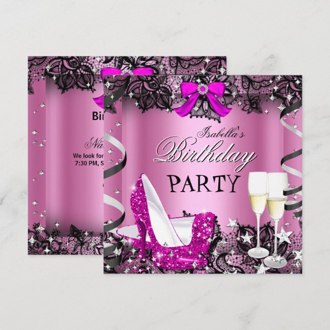 Invitación Pink High Heol Champagne Black Lace Birday Party (Anverso / Reverso)