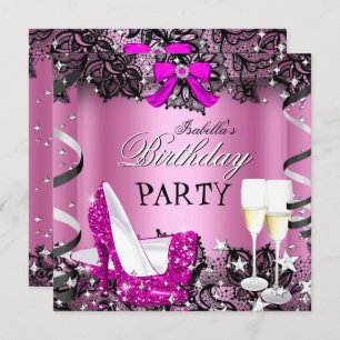 Invitación Pink High Heol Champagne Black Lace Birday Party