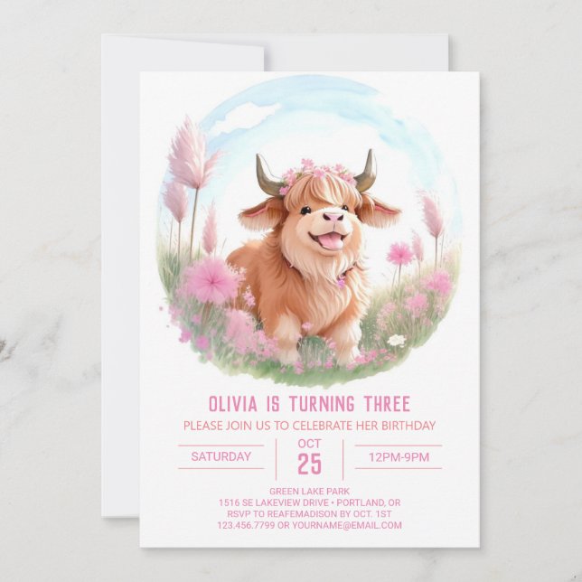 Invitación Pink Highland Cow Farmyard Aniversario mágico (Anverso)