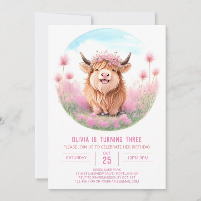 Invitación Pink Highland Cow Meadow Aniversario Mágico (Anverso)