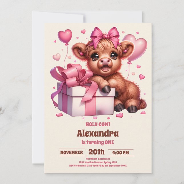 Invitación Pink Holy Cow Highland Primer Cumpleaños (Anverso)