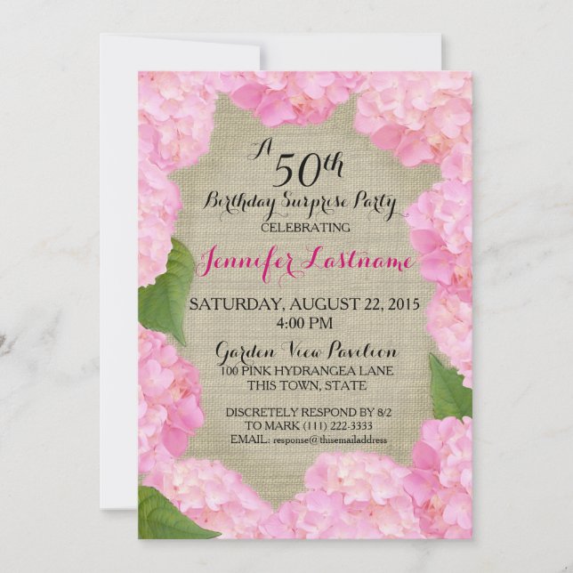 Invitación Pink Hydrangea 50 cumpleaños (Anverso)