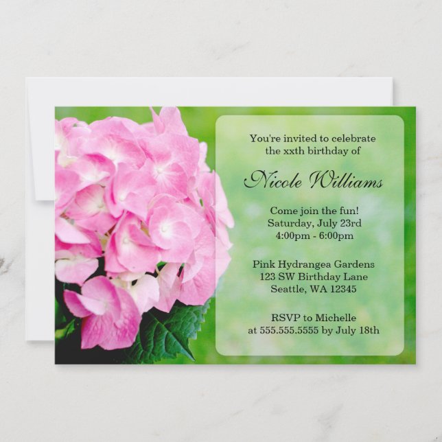 Invitación Pink Hydrangea Blossom Fiesta de cumpleaños (Anverso)