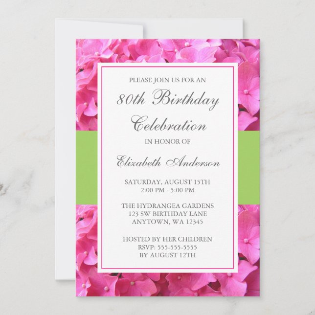 Invitación Pink Hydrangea Border Green 80 cumpleaños (Anverso)