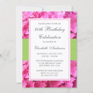 Invitación Pink Hydrangea Border Green 80 cumpleaños