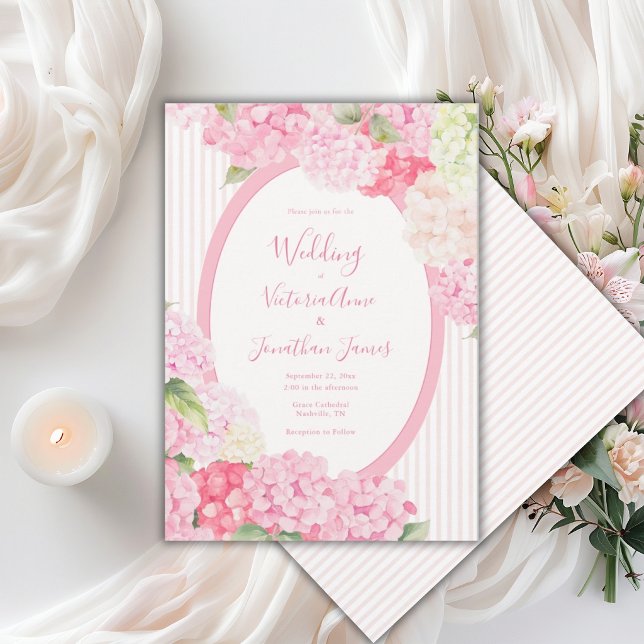 Invitación Pink Hydrangea Floral Stripe Wedding Invitation (Subido por el creador)