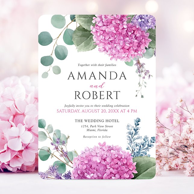 Invitación Pink Hydrangea Flowers Watercolor Elegant Wedding (Pink Hydrangea Flowers Watercolor Elegant Wedding Invitation)