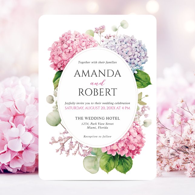 Invitación Pink Hydrangea Flowers Watercolor Oval Wedding (Pink Hydrangea Flowers Watercolor Elegant Wedding Invitation)