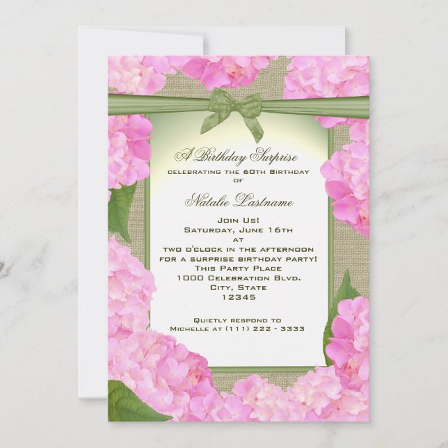 Invitación Pink Hydrangea Garden Fiesta Cumpleaños (Anverso)