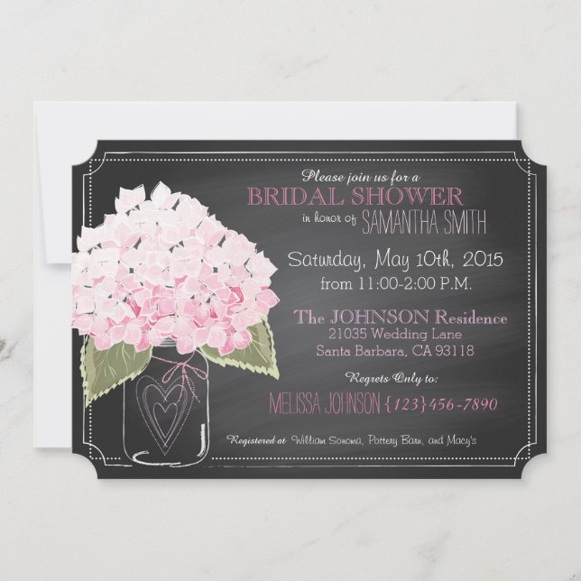 Invitación Pink Hydrangea Mason Jar Chalkboard Bridal Shower (Anverso)