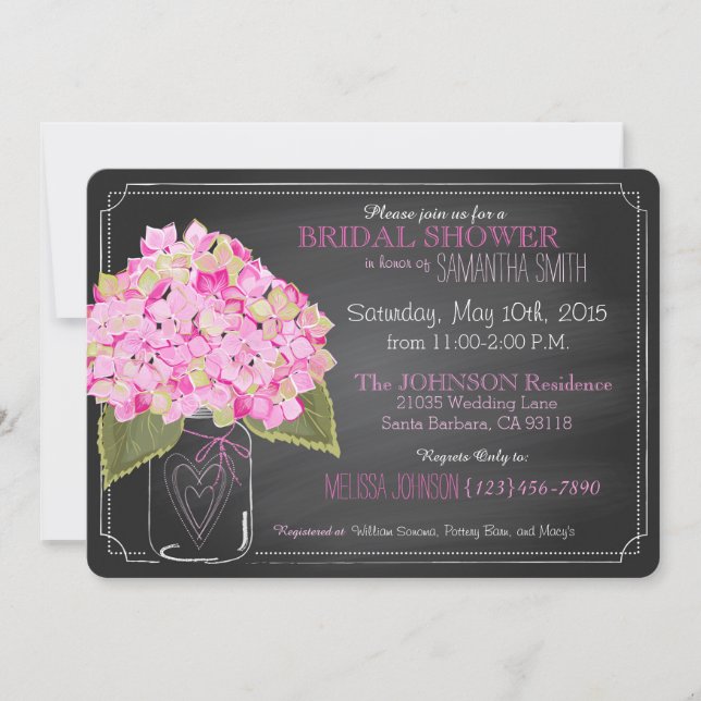 Invitación Pink Hydrangea Mason Jar Chalkboard Bridal Shower (Anverso)