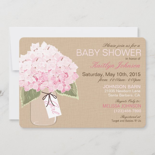 Invitación Pink Hydrangea Mason Jar Rustic Baby Shower (Anverso)