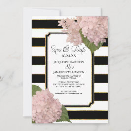 Invitación Pink Hydrangea Save the Date Wide Stripe Faux Gold