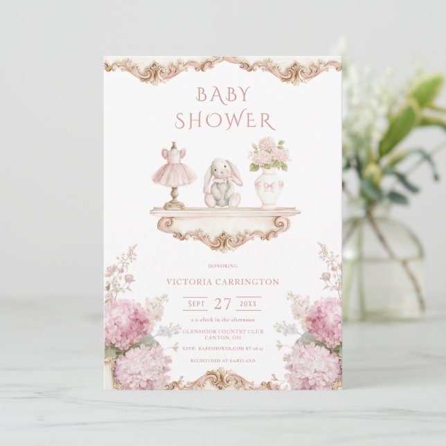 Invitación Pink Hydrangea Vintage Baby Shower Invitation (Anverso de pie)