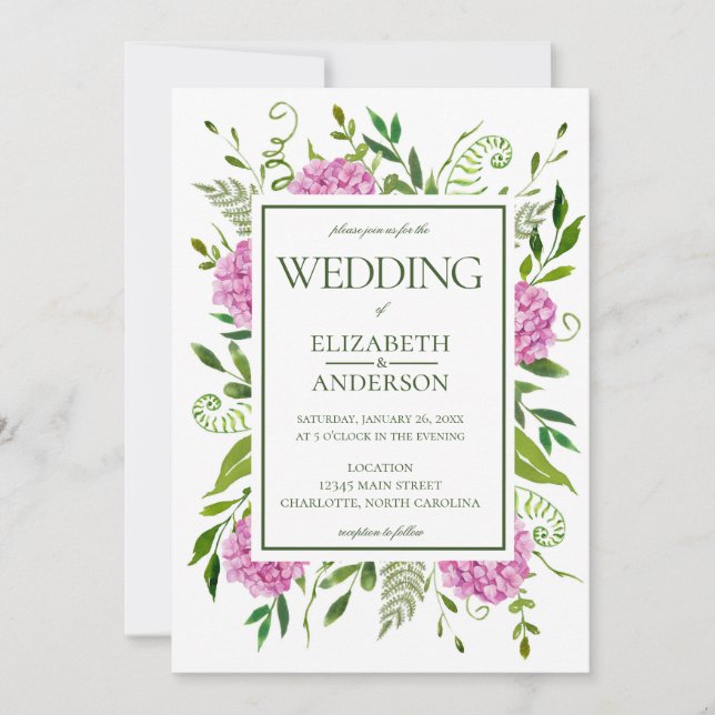 Invitación Pink Hydrangeas Boda (Anverso)