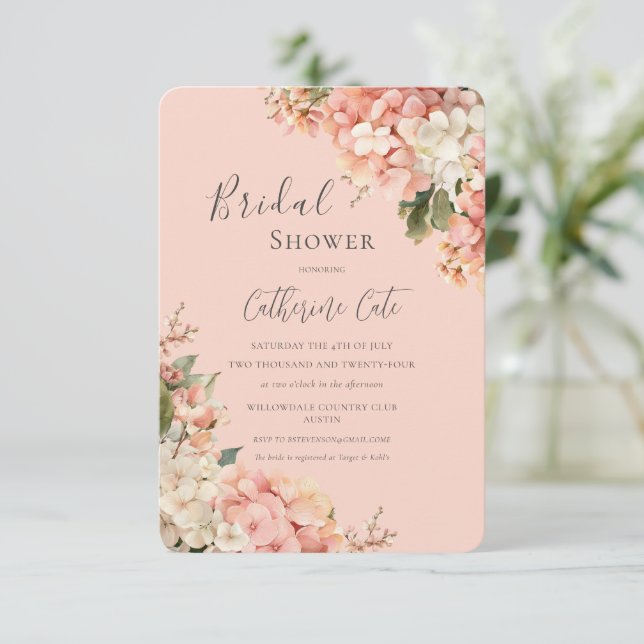 Invitación Pink Hydrangeas Floral Bridal Shower (Anverso de pie)